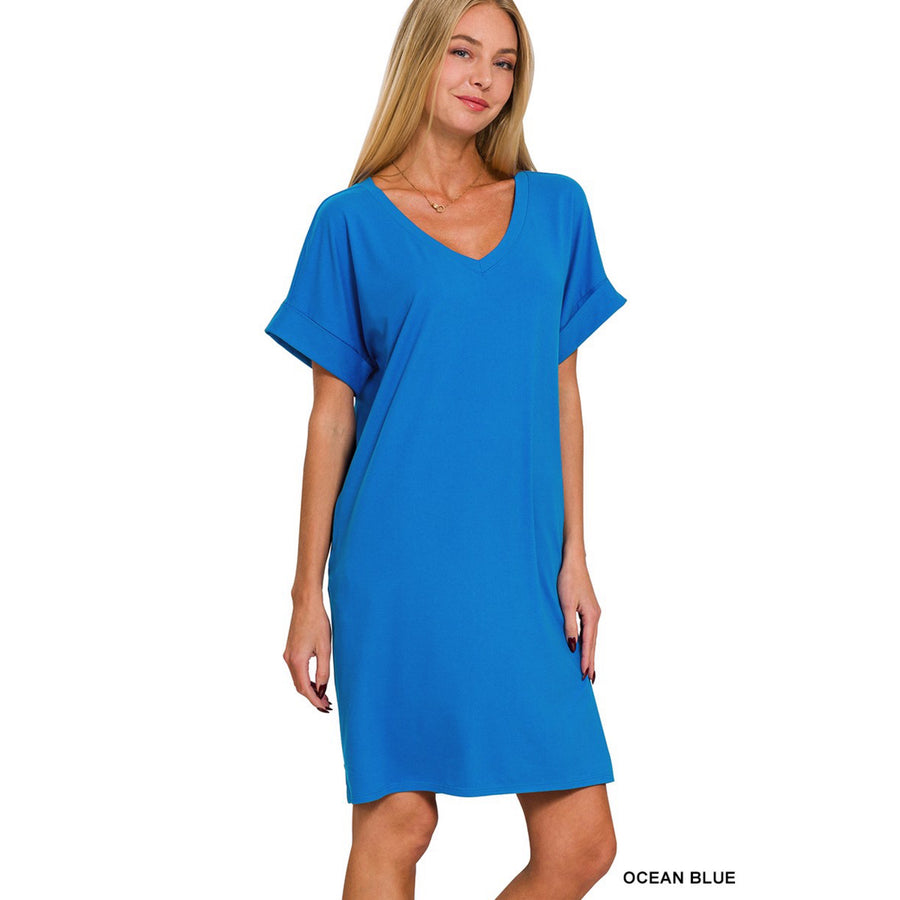 Zenana Rolled Short Sleeve and V-Neck Dress-Ocean Blue