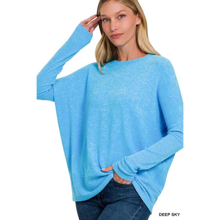 Brushed Melange Hacci Sweater with Dolman Sleeves-Deep Sky