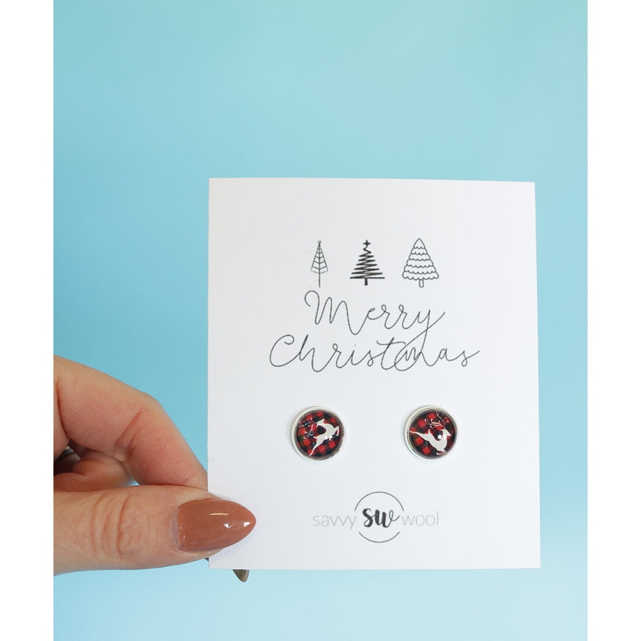 Holiday Stud Earring Collection: Merry Christmas (Red and Black Buffalo Reindeer)