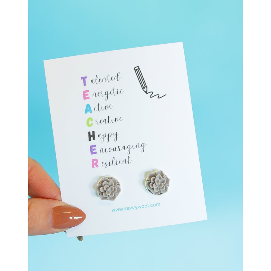 Holiday Stud Earring Collection: Teacher Acronym (Gray Succulent)