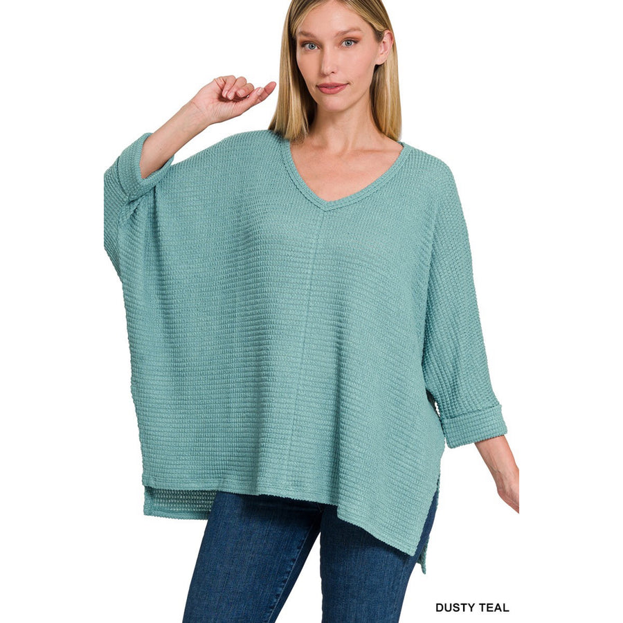 3/4 Sleeve V-Neck Jacquard Sweater-Dusty Teal