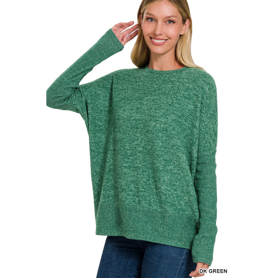 Brushed Melange Hacci Sweater with Dolman Sleeves-Dark Green