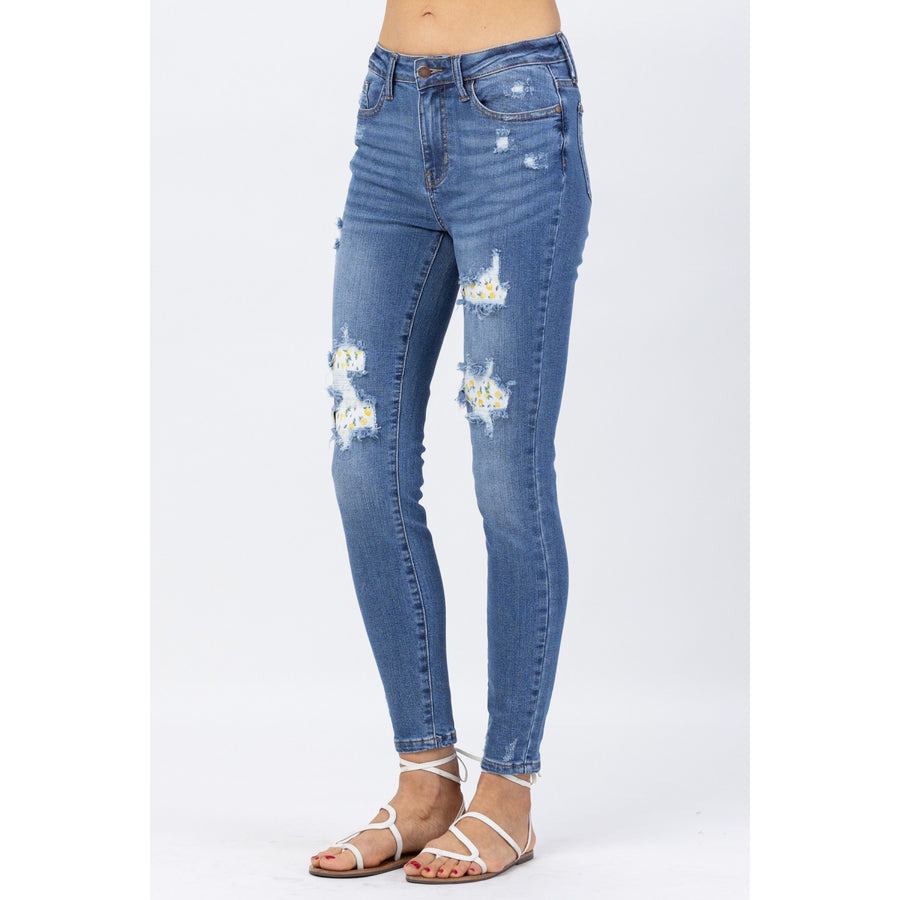 Distressed High Waisted Skinny Judy Blue Jeans with Lemon Patches