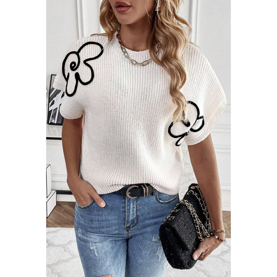 White Sweater Tee with Flower Embroidery