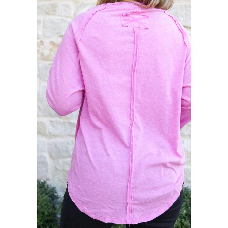 Long Sleeved Wash Tee with Thumbhole - Bright Pink