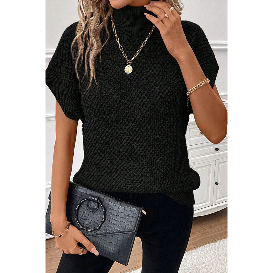 Textured Short Sleeve Turtleneck Sweater-Black