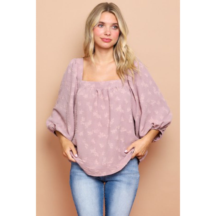 Textured Square Neck Puff Sleeve Top- Lilac