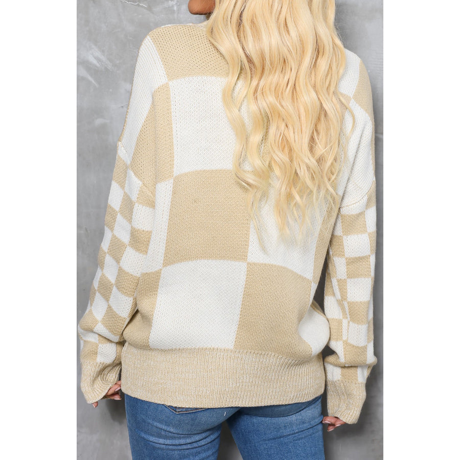 Checkered Plaid Knitted Sweatshirt with Drop Shoulders-Khaki