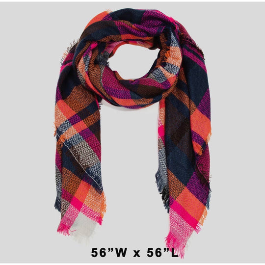 Classic Plaid Blanket Scarf - Hot Pink, Orange and Navy