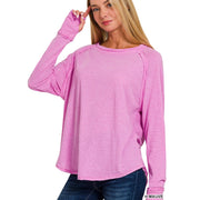 Long Sleeved Wash Tee with Thumbhole - Bright Pink