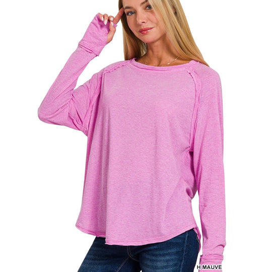 Long Sleeved Wash Tee with Thumbhole - Bright Pink