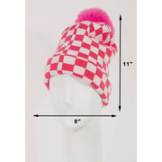 Checkered Pom Beanie - Pink and White