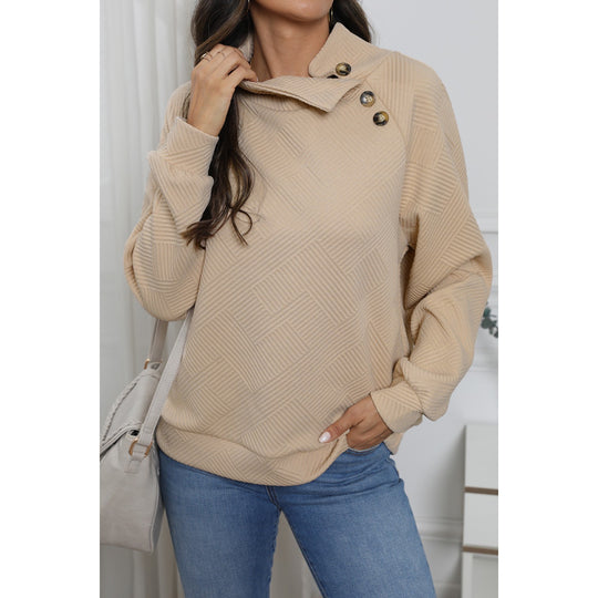 High Neck Textured Sweater with Asymmetric Buttons- Apricot