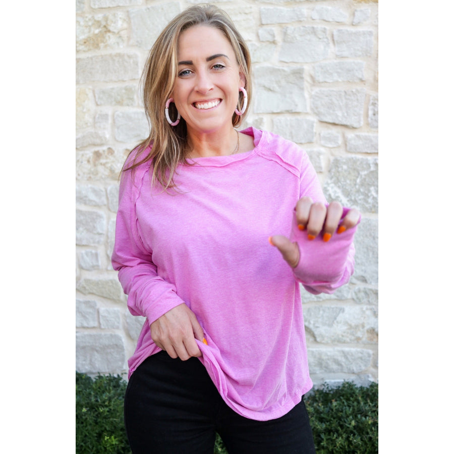 Long Sleeved Wash Tee with Thumbhole - Bright Pink