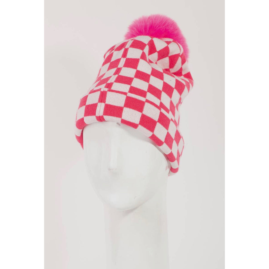Checkered Pom Beanie - Pink and White