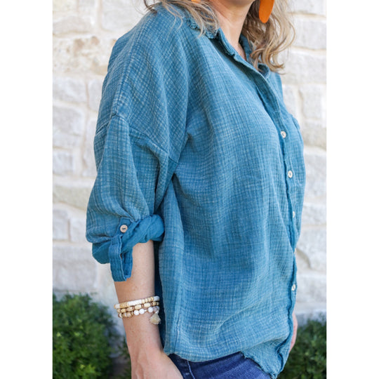Washed Double Gauze Button Down Shirt -Teal