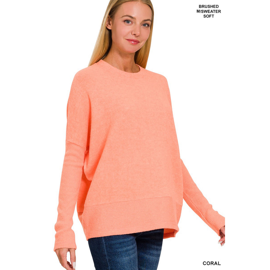 Brushed Melange Hacci Sweater with Dolman Sleeves-Coral