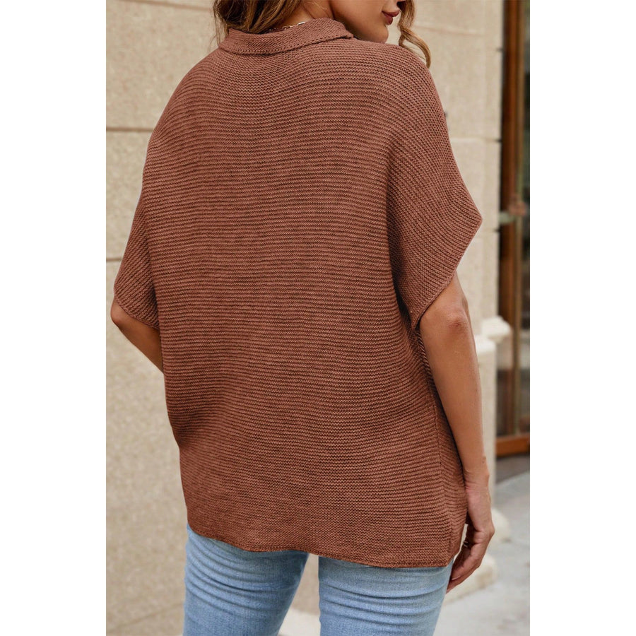 High Neck-Batwing Short Sleeve Sweater-Coffee