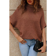 High Neck-Batwing Short Sleeve Sweater-Coffee