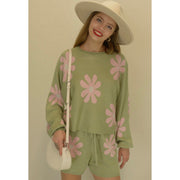 Flower Pattern Long Sleeves Top and Shorts Set