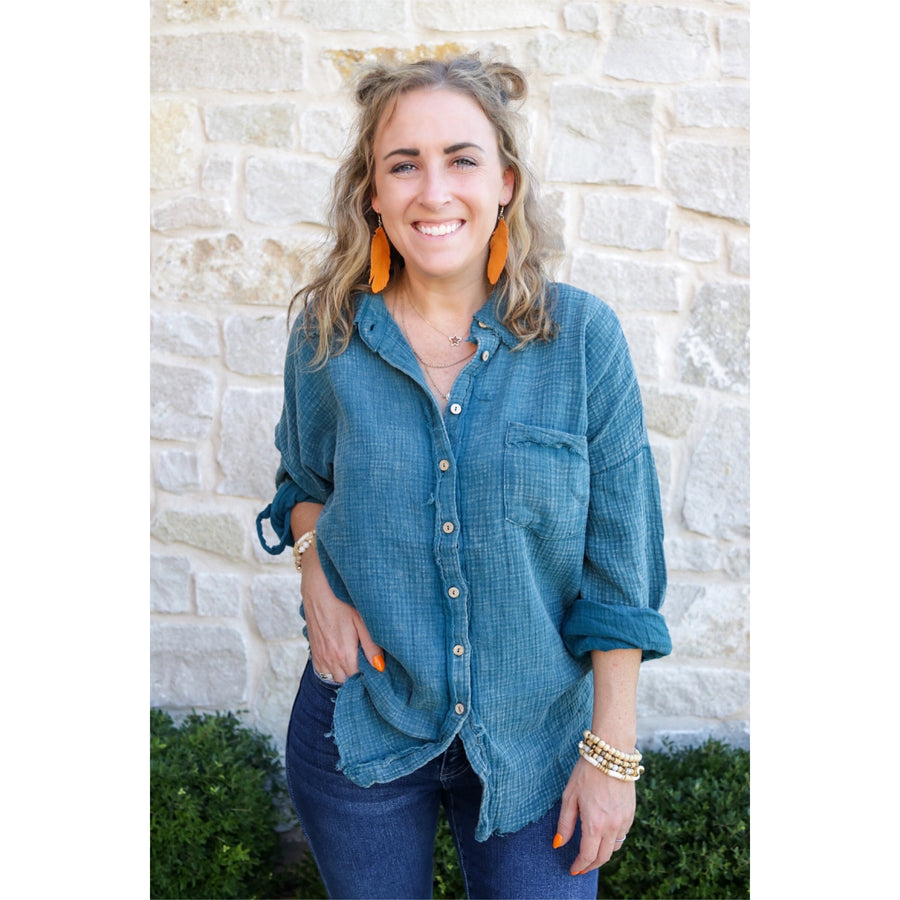 Washed Double Gauze Button Down Shirt -Teal