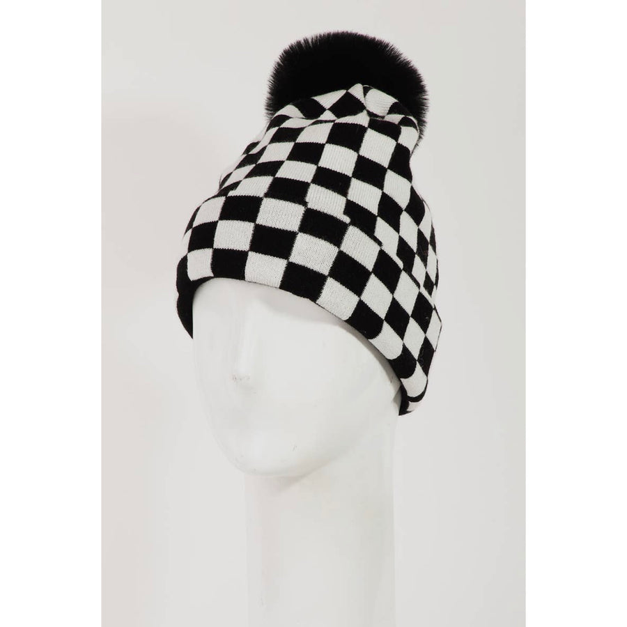 Black and White Checkered Pom Beanie