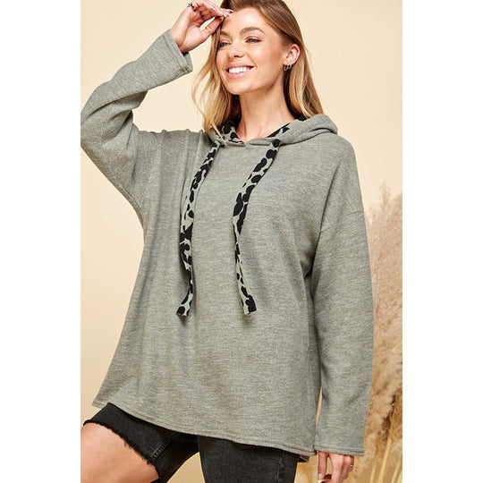 Pullover Hoodie with Animal Print Accent-Army Green