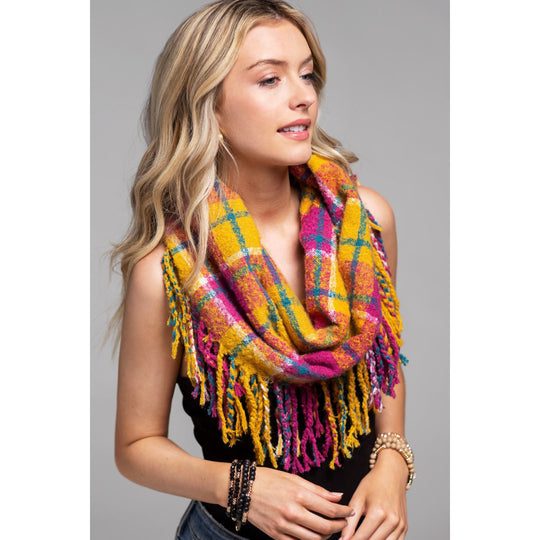 Tasseled Plaid Infinity Scarf- Multicolor