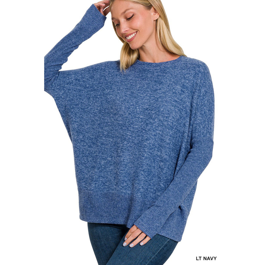 Brushed Melange Hacci Sweater with Dolman Sleeves-Light Navy
