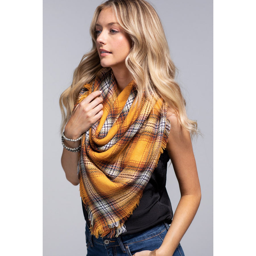 Plaid Scarf with Fringe-Mustard