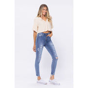 Distressed High Rise Skinny Jeans with Buttonfly