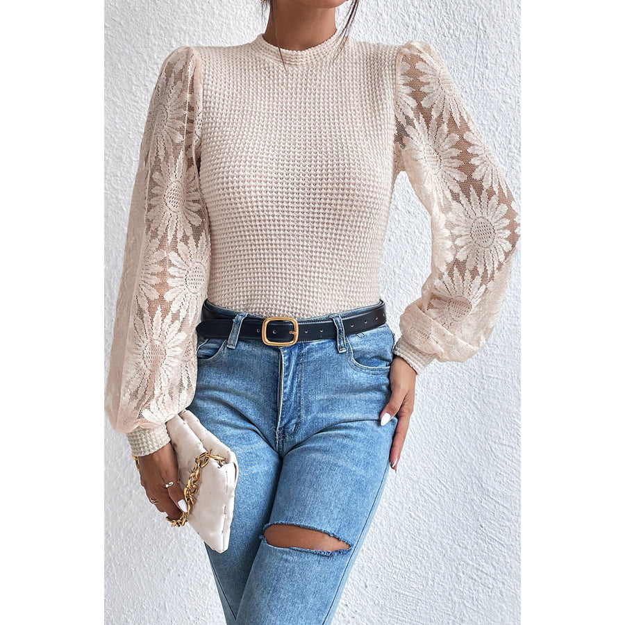 Waffle Knit Top with Sunflower Mesh Bubble Sleeves-Beige