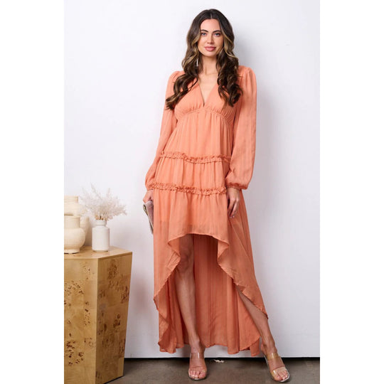 Tiered High-Low Maxi Woven Dress with Ruffle-Peach