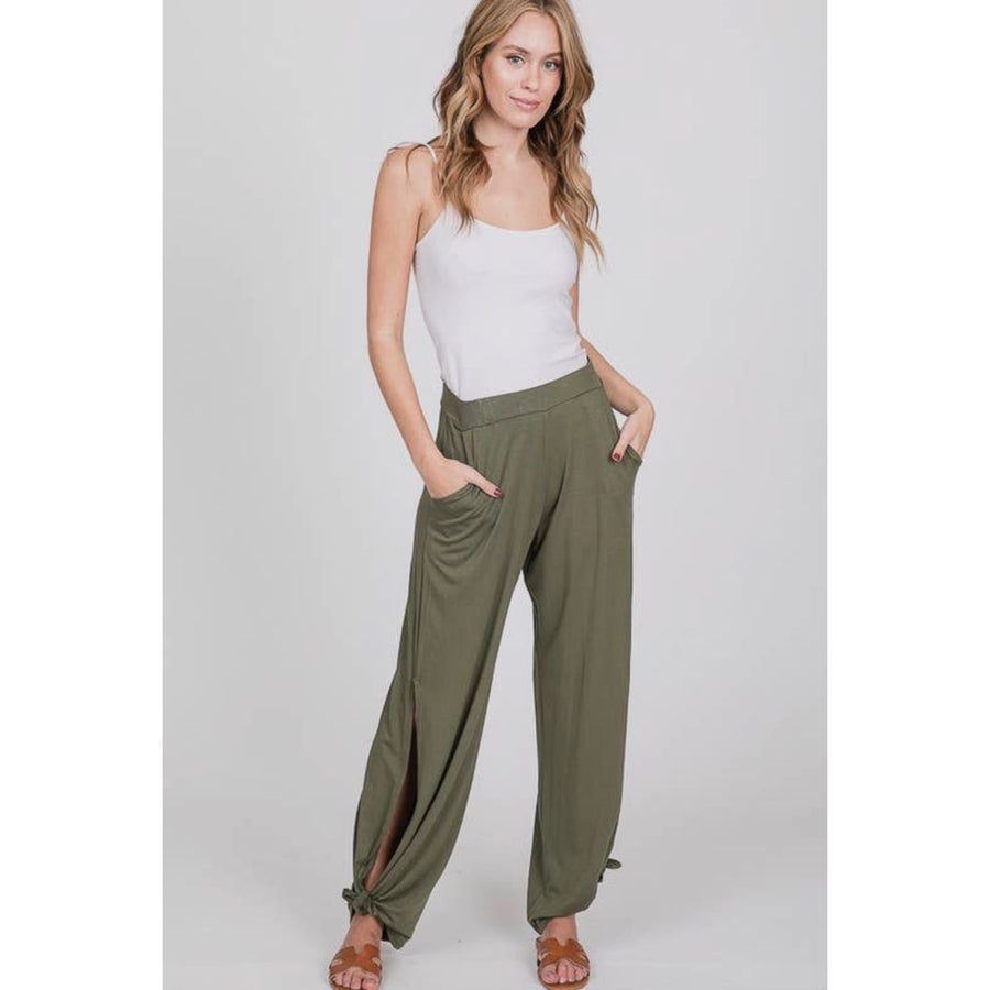 Split Side Tie Hem Pants - Olive