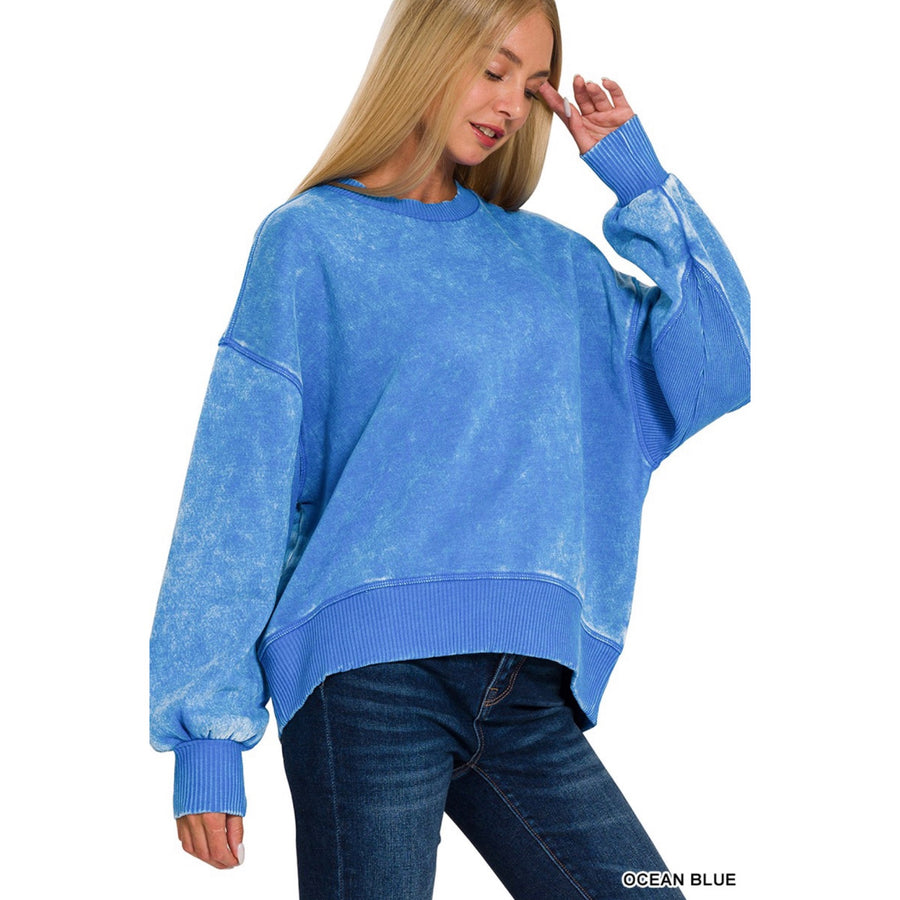 ACID WASH FLEECE OVERSIZED PULLOVER - Ocean Blue
