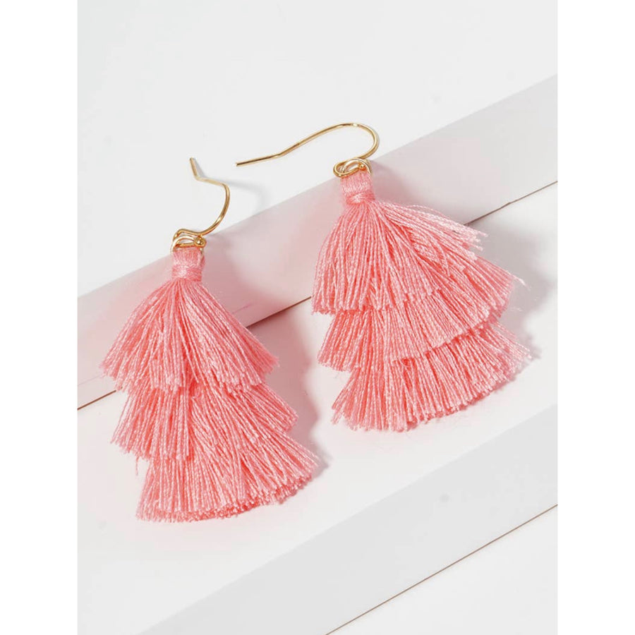 Boho 3 Tiered Thread Tassel Earrings - Coral