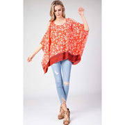 Border Cold Shoulder Boho Top - Coral