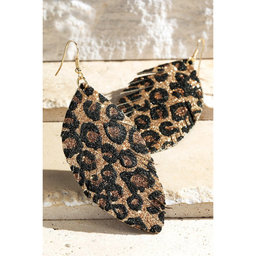 Leopard Leather Feather Statement Earrings