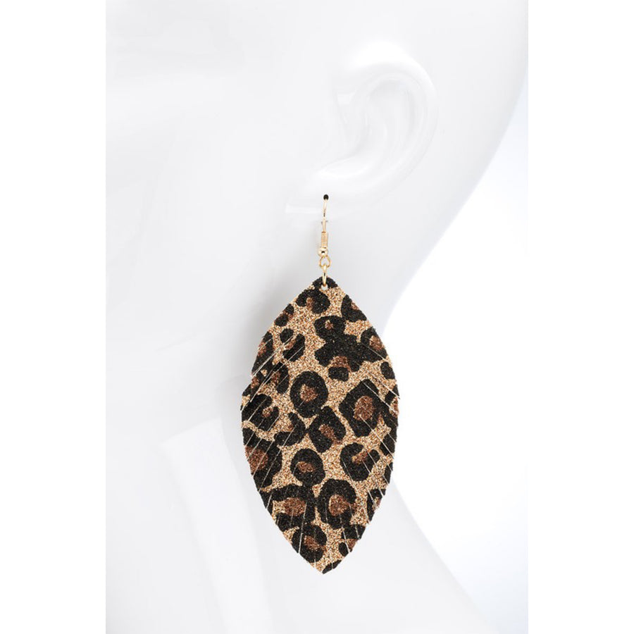 Leopard Leather Feather Statement Earrings