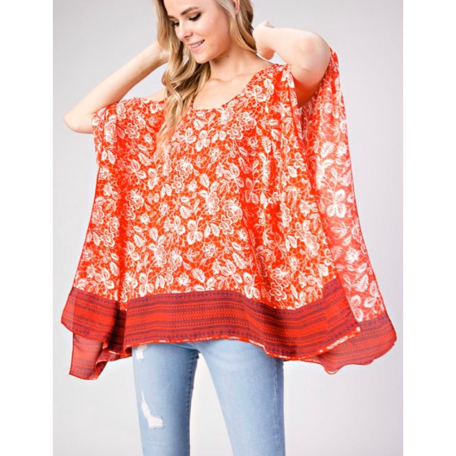 Border Cold Shoulder Boho Top - Coral