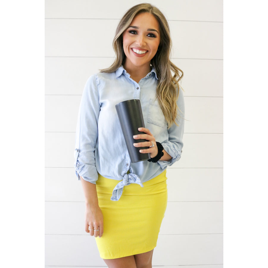 cute casual wear bright yellow skirt, denim