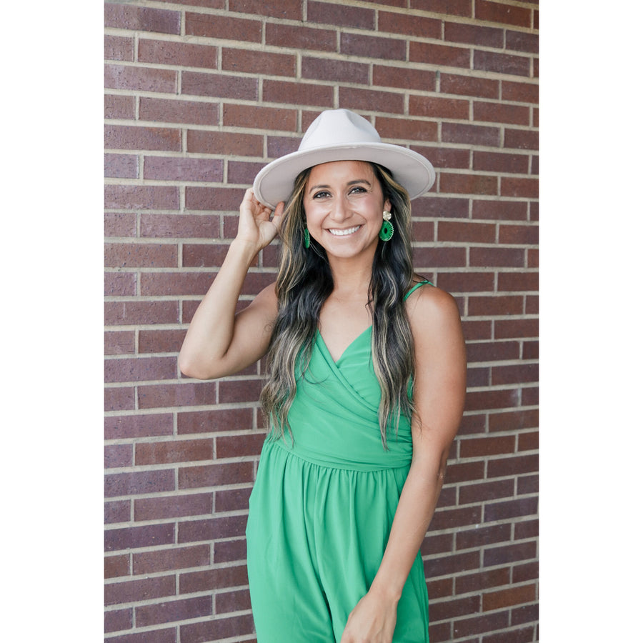 Flat Brimmed Hat paired with Jumpsuit 