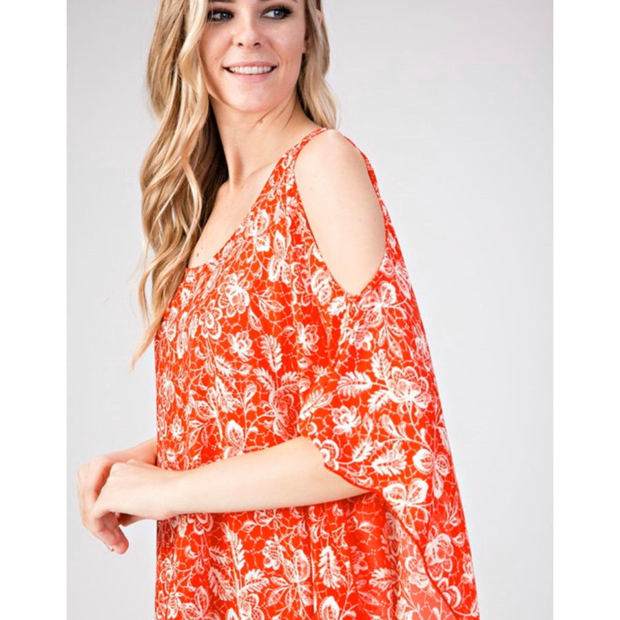 Border Cold Shoulder Boho Top - Coral