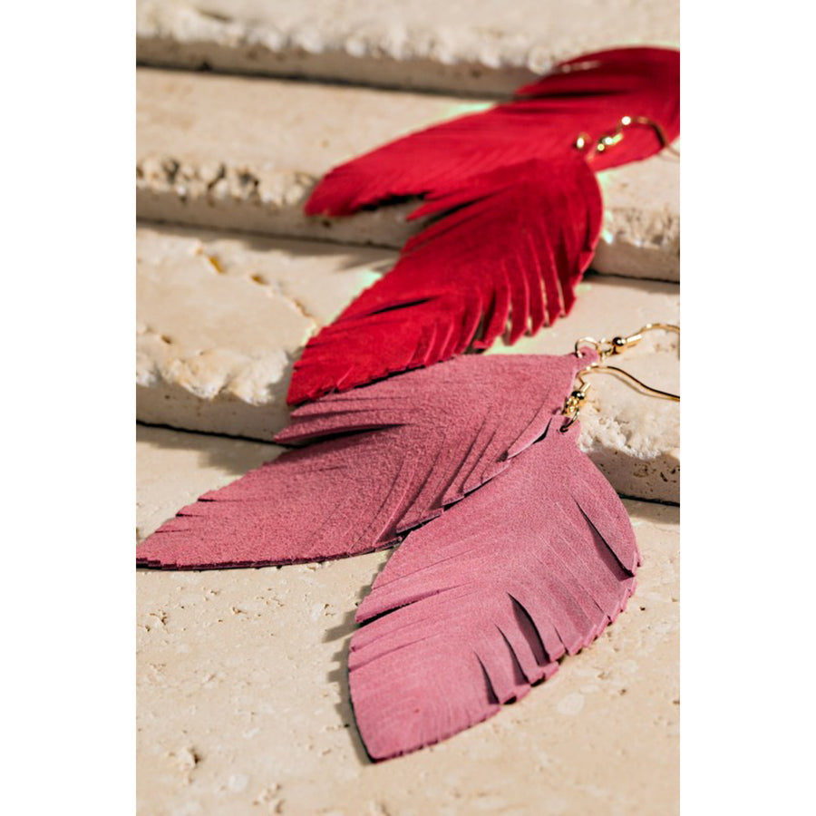 Crimson Red Leather Feather Earrings