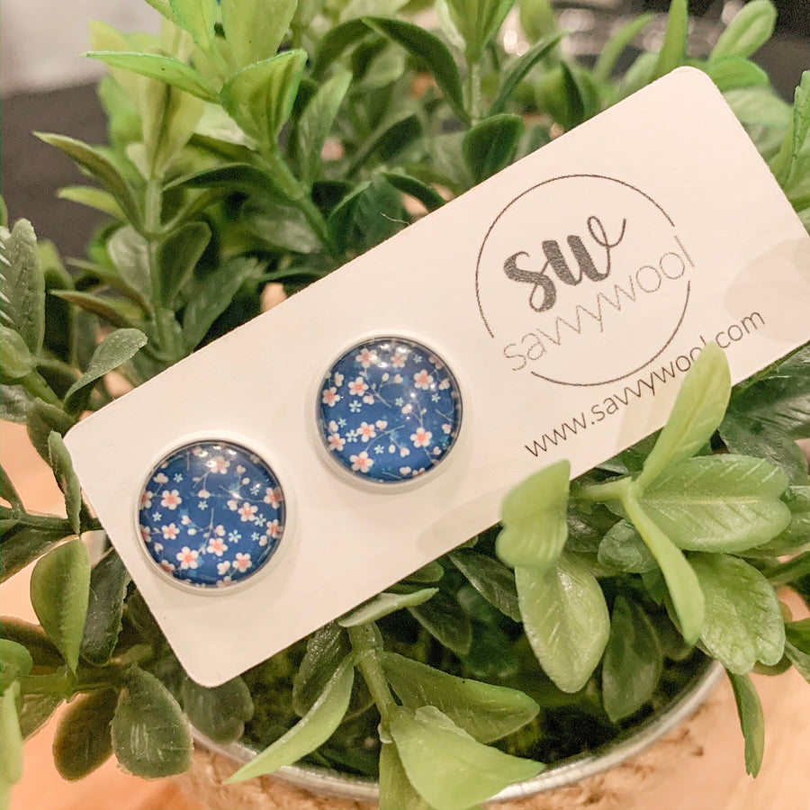 12MM Druzy Earrings - Navy Floral